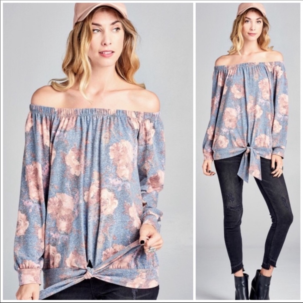 NWT ODDY Heather Blue Floral Long Sleeve Off The Shoulder Top Size S, M